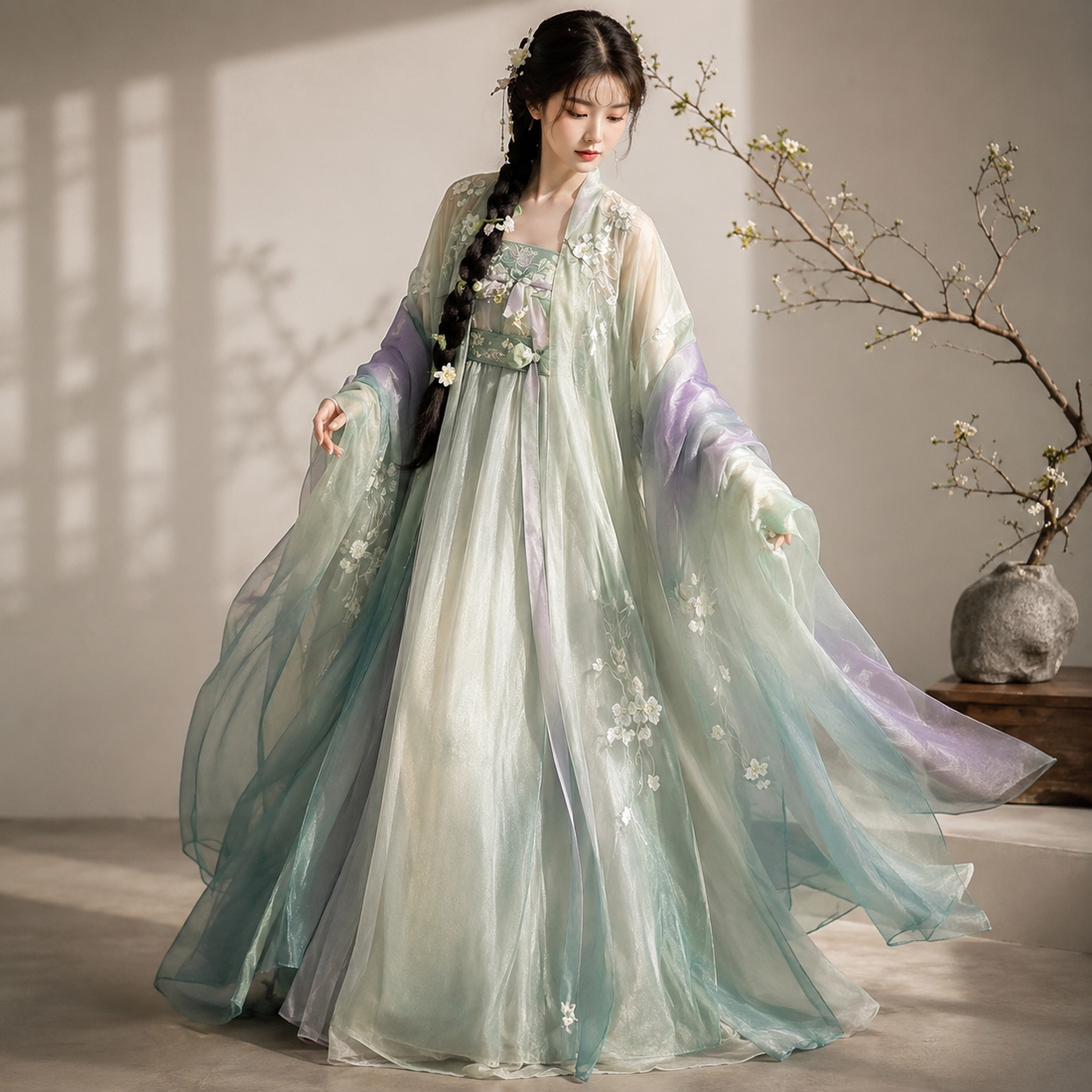 Pear Blossom Embroidered Hanfu Set with Gradient Qixiong Skirt and Wide-Sleeve Robe