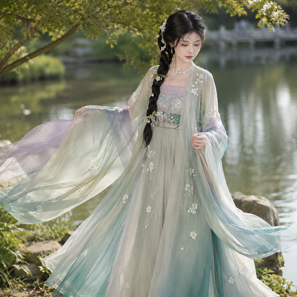 Pear Blossom Embroidered Hanfu Set with Gradient Qixiong Skirt and Wide-Sleeve Robe