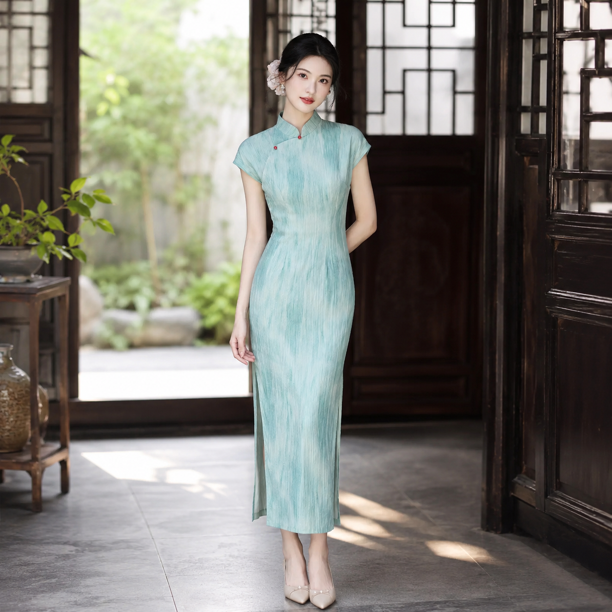Blue-Green Modern Chinese Style Qipao Dress, Elegant Summer Midi Dress