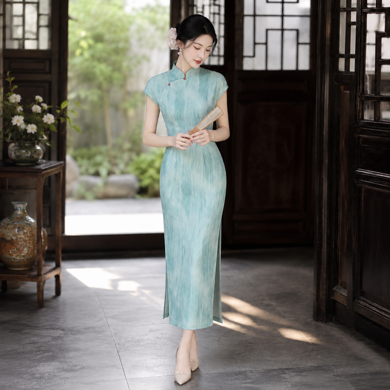 Blue-Green Modern Chinese Style Qipao Dress, Elegant Summer Midi Dress