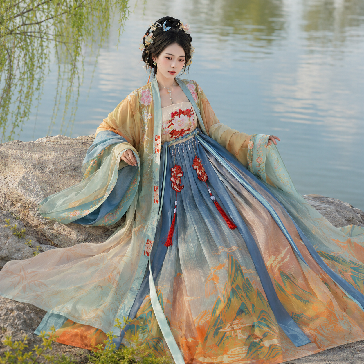 Tang Dynasty Hezi Skirt Hanfu Set with Embroidered Wide-Sleeve Robe and Qixiong Ruqun