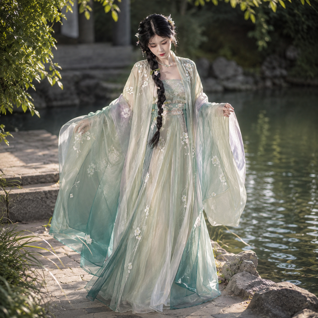 Pear Blossom Embroidered Hanfu Set with Gradient Qixiong Skirt and Wide-Sleeve Robe