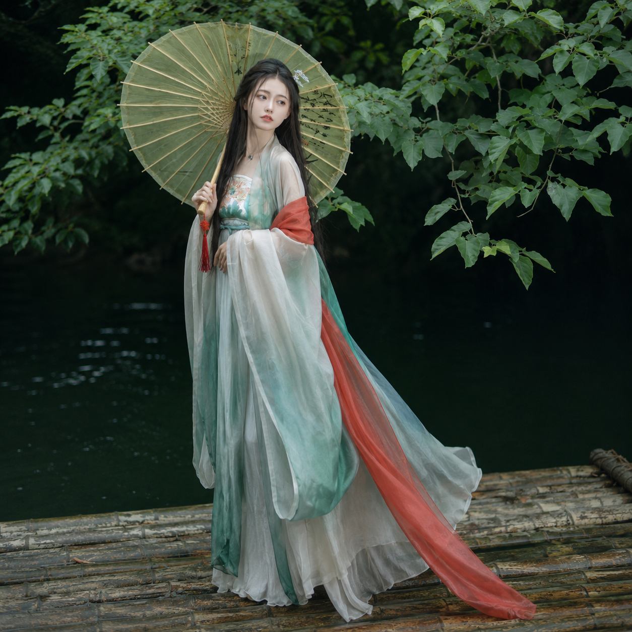 Tang Dynasty Embroidered Qixiong Hanfu Set with Daxiushan Robe and Printed Hezi Skirt