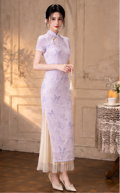 Light Purple Modern Chinese Style Qipao Dress, Summer Vintage-Inspired Midi Dress
