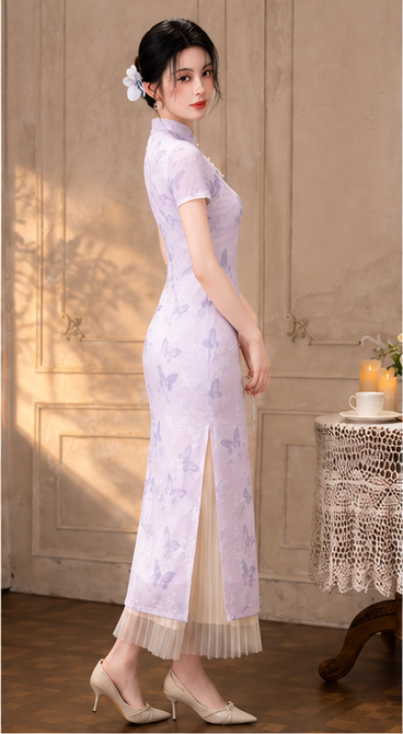 Light Purple Modern Chinese Style Qipao Dress, Summer Vintage-Inspired Midi Dress