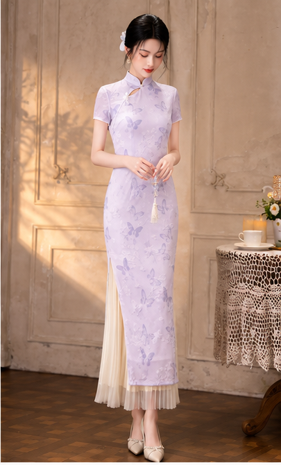 Light Purple Modern Chinese Style Qipao Dress, Summer Vintage-Inspired Midi Dress