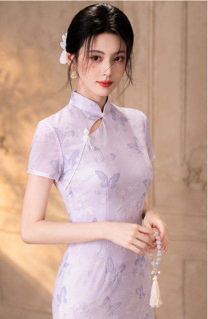 Light Purple Modern Chinese Style Qipao Dress, Summer Vintage-Inspired Midi Dress