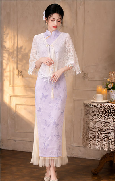 Light Purple Modern Chinese Style Qipao Dress, Summer Vintage-Inspired Midi Dress