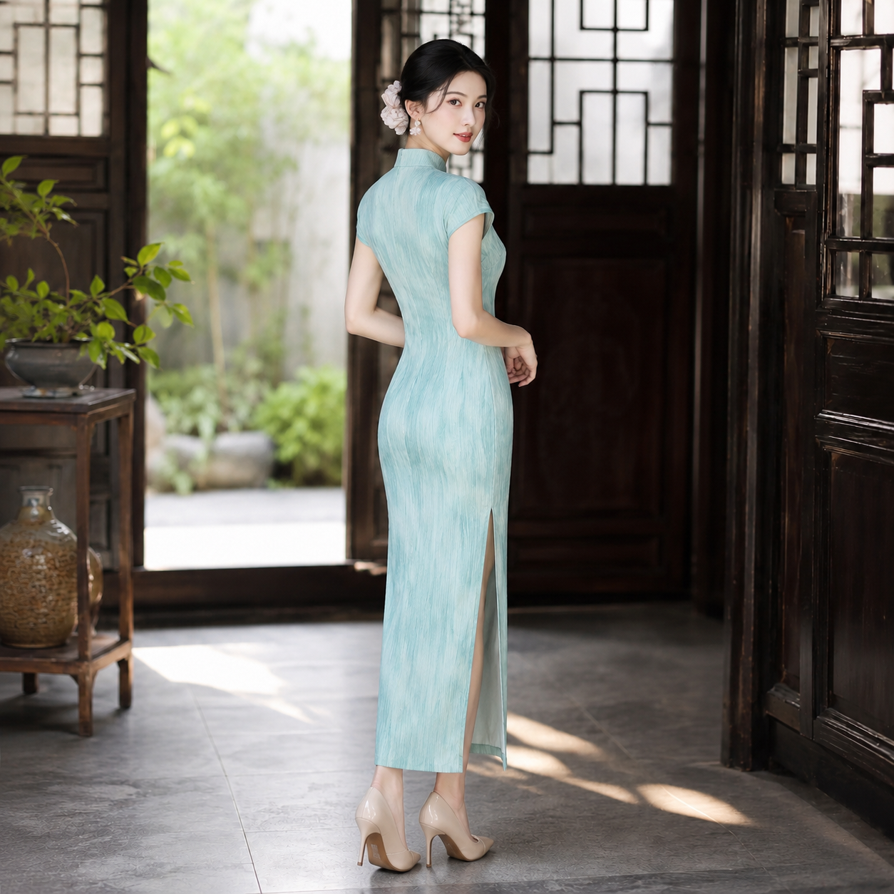 Blue-Green Modern Chinese Style Qipao Dress, Elegant Summer Midi Dress