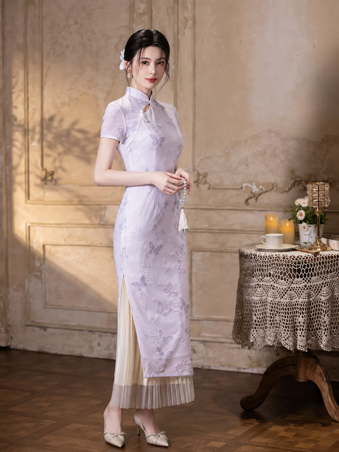 Light Purple Modern Chinese Style Qipao Dress, Summer Vintage-Inspired Midi Dress