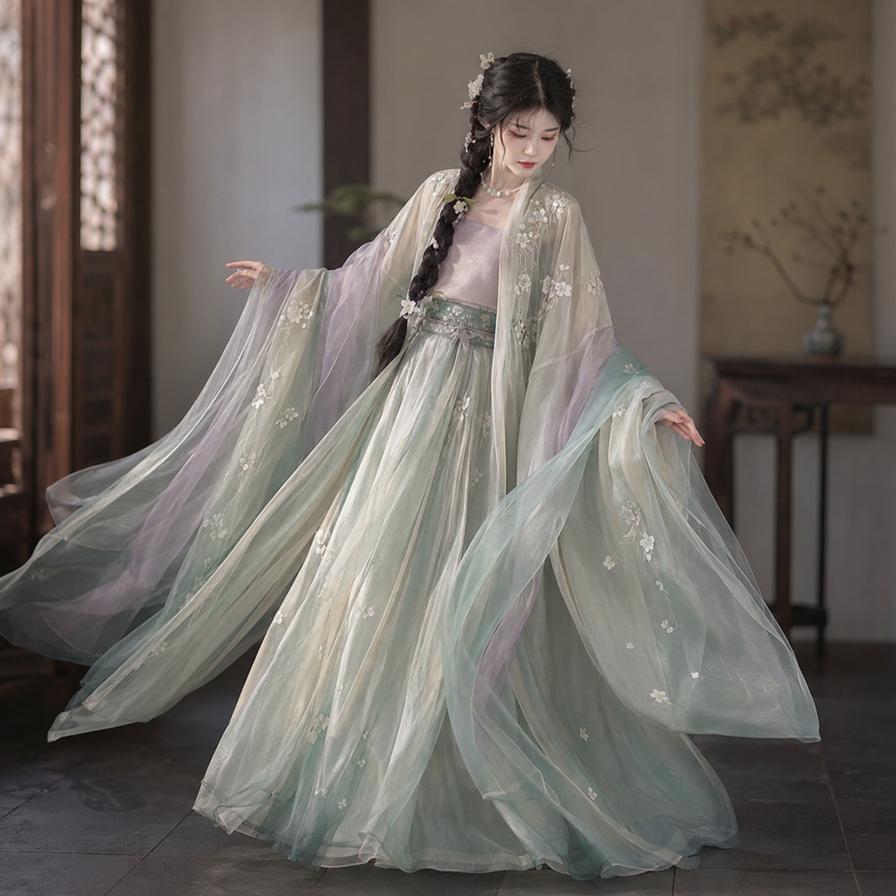 Pear Blossom Embroidered Hanfu Set with Gradient Qixiong Skirt and Wide-Sleeve Robe