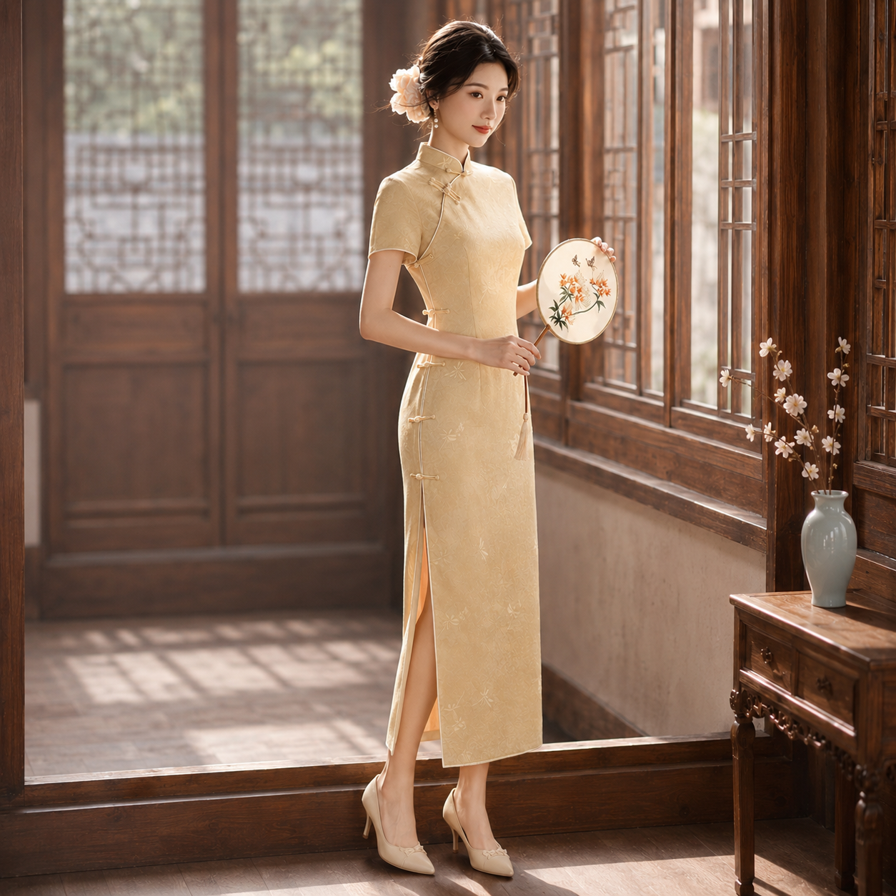 Elegant Modern Chinese Style Qipao Dress, Summer Slim Fit Midi Dress